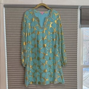 New Lilly Pulitzer Gold  and Teal Patterned Dress - size 2